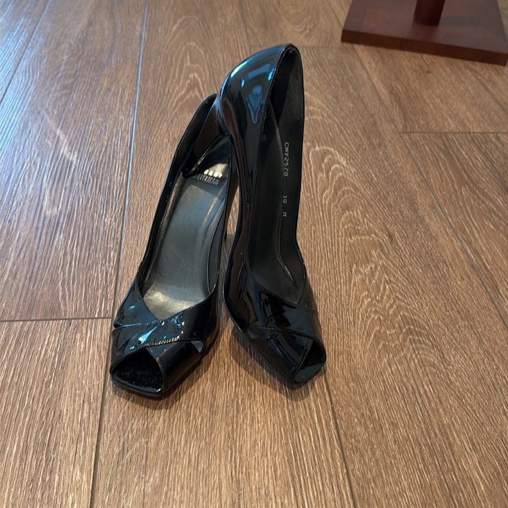 Stuart Weitzman Black Patent Peep-Toe Pumps